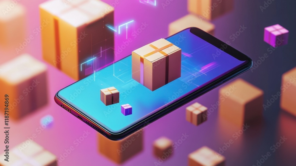 Modern Smartphone Displaying Floating Package Icons Modern Smartphone Displaying Floating Package Icons