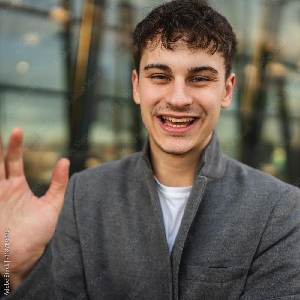 Self portrait or video call of beautiful welcoming young man stand Self portrait or video call of beautiful welcoming young man stand