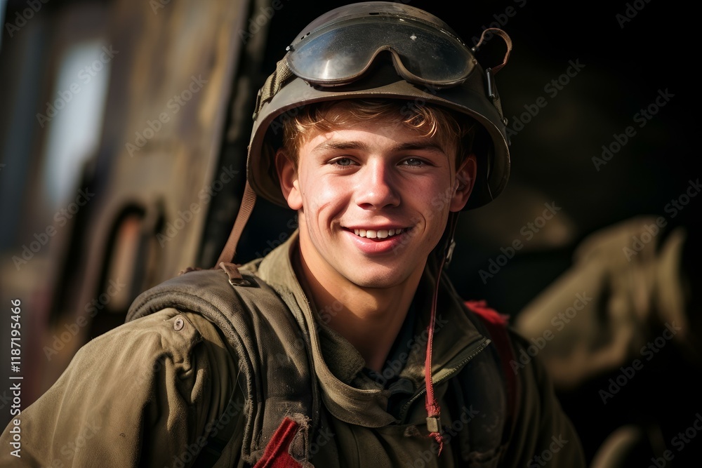 Portrait of a cheerful young soldier wearing a helmet with goggles, embodying the spirit of military service Portrait of a cheerful young soldier wearing a helmet with goggles, embodying the spirit of military service