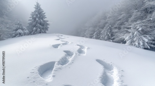 Wallpaper Mural Footprints in fresh snow on mountain slope, foggy forest background. Torontodigital.ca