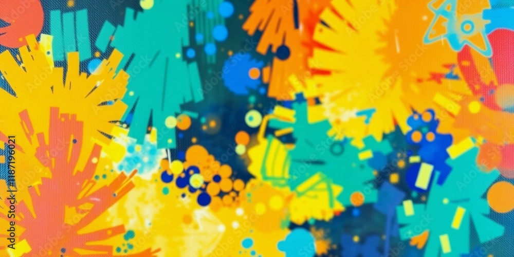 Fototapeta premium A colorful background with yellow and blue flowers and green leaves. The background is full of dots and splatters of paint