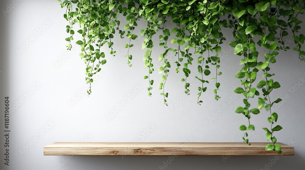 Obraz premium Wooden Shelf with Hanging Green Plants, Minimalist Home Decor
