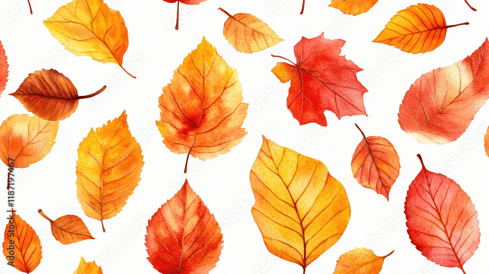 Obraz premium Cheerful watercolor seamless pattern with various autumn leaves in shades of orange and yellow creating a lively botanical aesthetic.