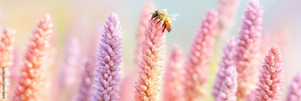 Obraz premium Honeybee Gathering Pollen on Vibrant Wildflowers Highlighting Biodiversity
