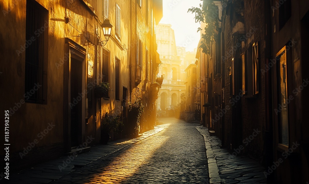 Sunlit cobblestone alleyway, Roman architecture, hazy sunrise. Travel, tourism Sunlit cobblestone alleyway, Roman architecture, hazy sunrise. Travel, tourism