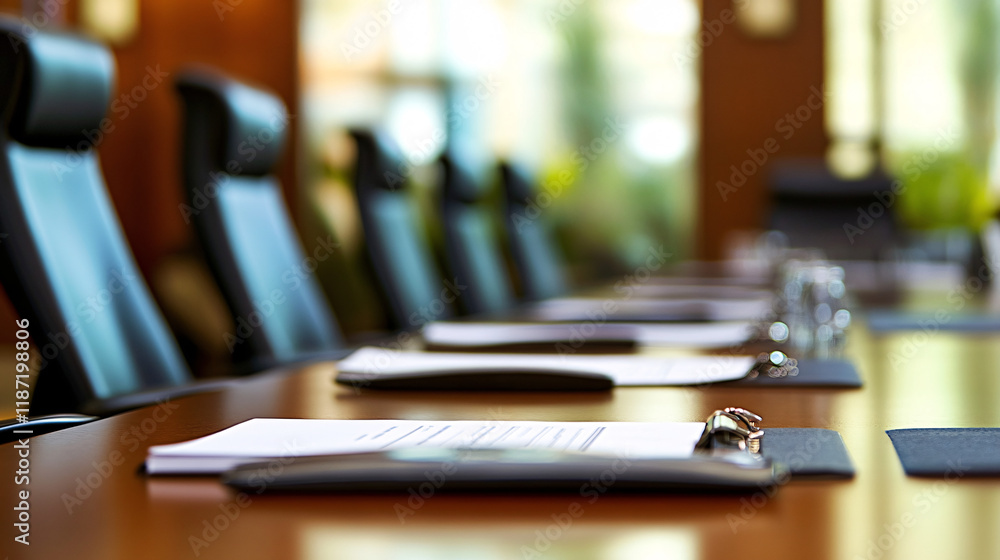 Close-up of a corporate boardroom table with documents pens and water glasses on a polished wood surface suggesting professionalism
Close-up of a corporate boardroom table with documents pens and water glasses on a polished wood surface suggesting professionalism