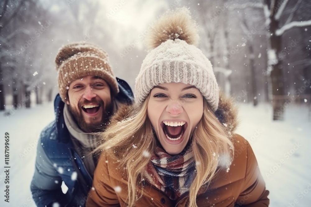 Obraz premium Young couple having fun in winter park, laughing and screaming with joy during a snowfall