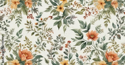 Wallpaper Mural Intricate botanical watercolor pattern with elegant leaf and flower motifs, intricate, botanical, motifs, elegant, flower Torontodigital.ca