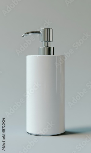 Modern White Soap Dispenser with Chromatic Effect and Pump Against Gray Background photo