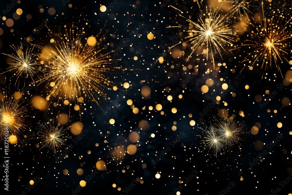 Naklejka premium Golden fireworks exploding against dark background with bokeh lights, creating festive atmosphere for new year's eve or other celebrations