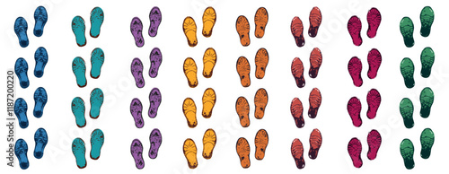 Human shoe prints vector set. Colored silhouette of shoe sole print