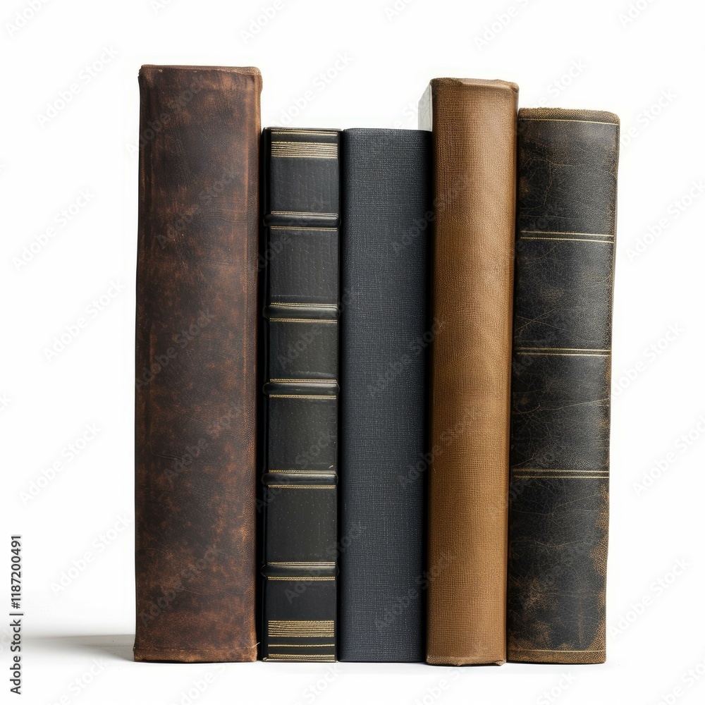 Naklejka premium Five old books with leather covers are standing upright on a white background