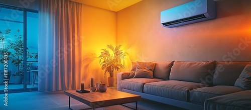 Cozy Evening Ambiance: Modern Living Room with Air Conditioning and Warm Lighting