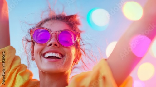 Energetic Urban Celebration Woman Dancing Under Neon Lights in Vibrant Street Event photo