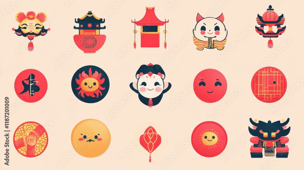 Naklejka premium Festive Chinese New Year Character And Lantern Designs