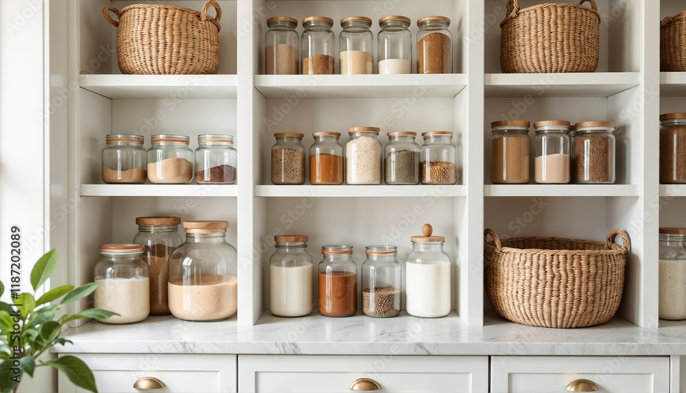Kitchen pantry with organized jars and woven baskets Kitchen pantry with organized jars and woven baskets