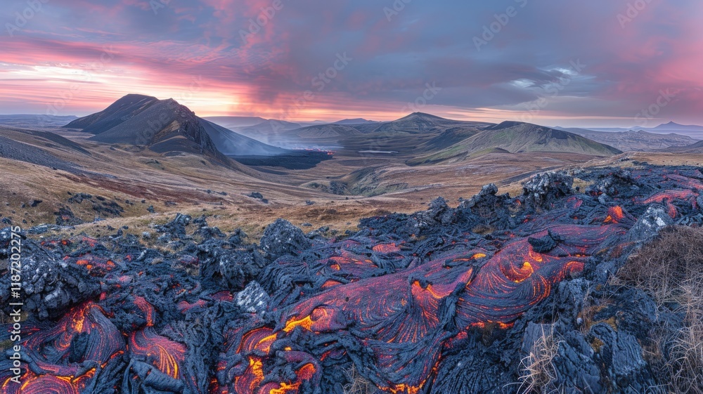 Obraz premium Volcanic landscape at sunset, showing solidified lava flows in foreground with mountains and dramatic sky in background.