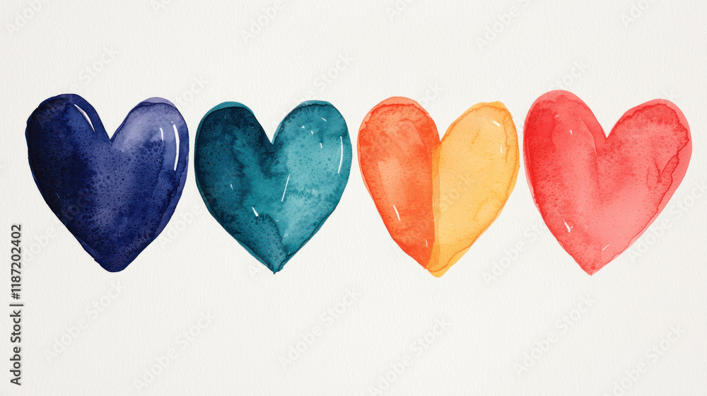 Obraz premium Colorful watercolor hearts in various shades create vibrant and cheerful composition, perfect for expressing love and joy. blend of hues adds playful touch to any design