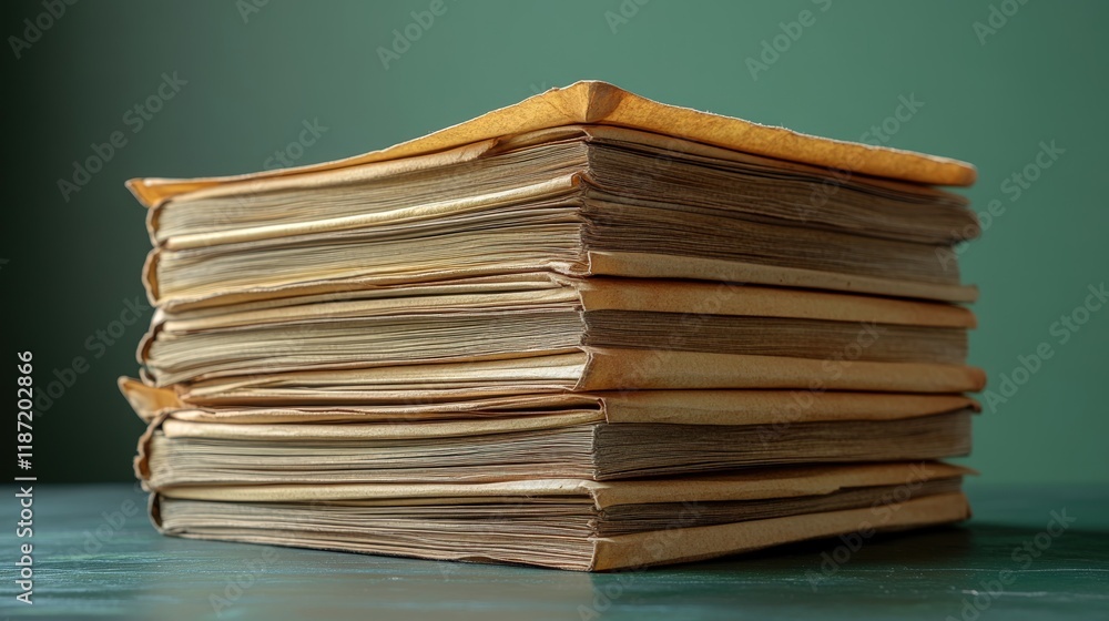 Stack of aged, yellowed books on table. Stack of aged, yellowed books on table.