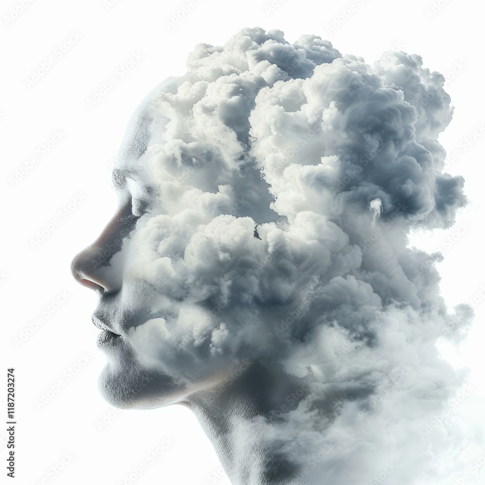 Serene woman is morphing into a white cloud formation Serene woman is morphing into a white cloud formation