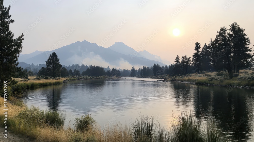 Fototapeta premium Serene Mountain Reflection at Sunset Over Calm Water