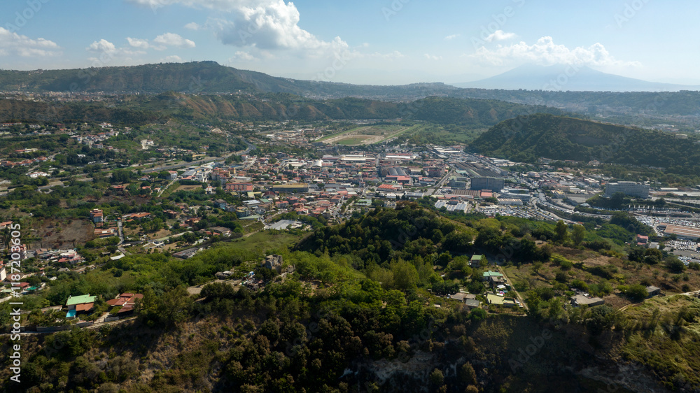 Obraz premium Aerial view of the Agnano district in Naples, Italy. It is a peripheral area of ​​the city.