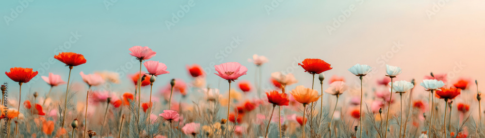 vibrant meadow filled with colorful flowers, including pink, red, and white blooms, swaying gently in breeze under clear blue sky. scene evokes sense of tranquility and beauty