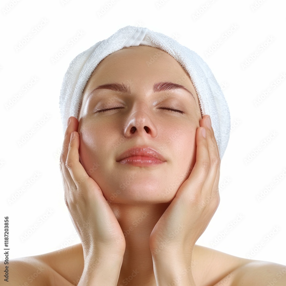 Relaxed young woman with a towel on her head is holding her face with her hands, enjoying a spa treatment Relaxed young woman with a towel on her head is holding her face with her hands, enjoying a spa treatment