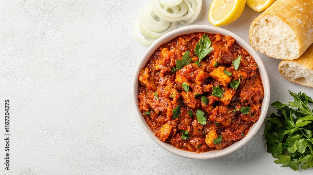 A vibrant bowl of spicy stew garnished with fresh herbs, accompanied by lemon slices, onions, and crusty bread. A vibrant bowl of spicy stew garnished with fresh herbs, accompanied by lemon slices, onions, and crusty bread.