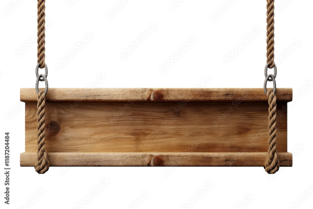 Rustic wooden swing hanging from rope, designed for outdoor enjoyment in a tranquil setting Rustic wooden swing hanging from rope, designed for outdoor enjoyment in a tranquil setting