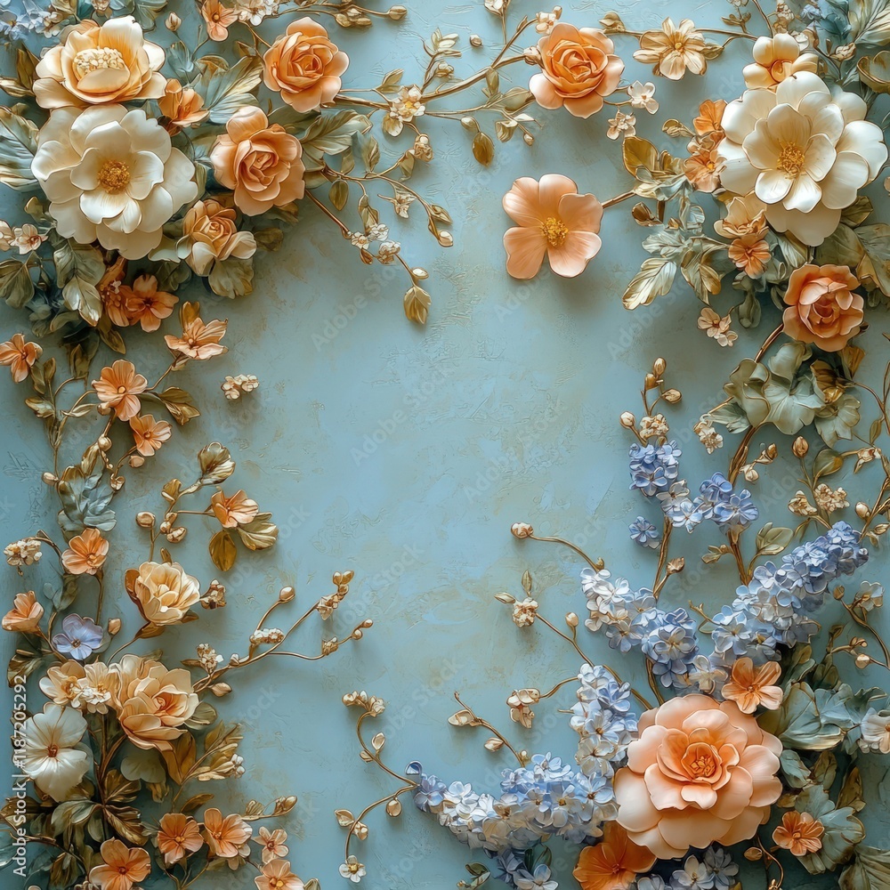 Obraz premium Ornate floral arrangement, pastel hues, textured background.
