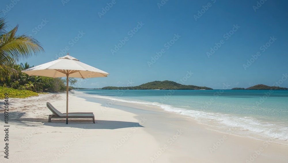 A tranquil beach invites visitors to unwind on a wooden lounge chair shaded by a straw umbrella. Soft waves kiss the soft sand, while palm trees sway gently in the warm breeze under a clear blue sky. A tranquil beach invites visitors to unwind on a wooden lounge chair shaded by a straw umbrella. Soft waves kiss the soft sand, while palm trees sway gently in the warm breeze under a clear blue sky.