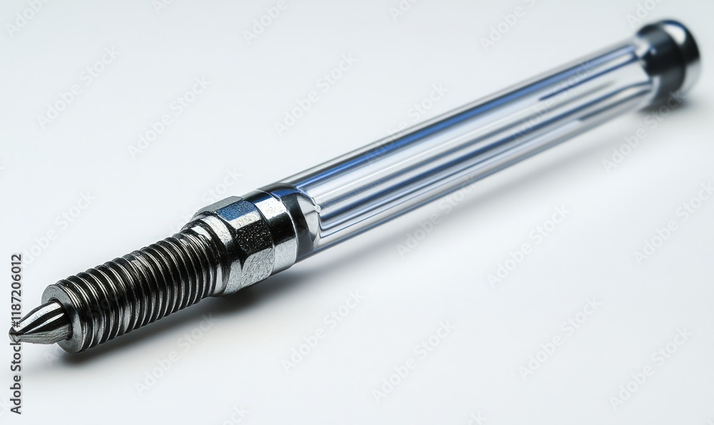 Here's a 10-word description of the image: Chrome-tipped threaded rod Here's a 10-word description of the image: Chrome-tipped threaded rod