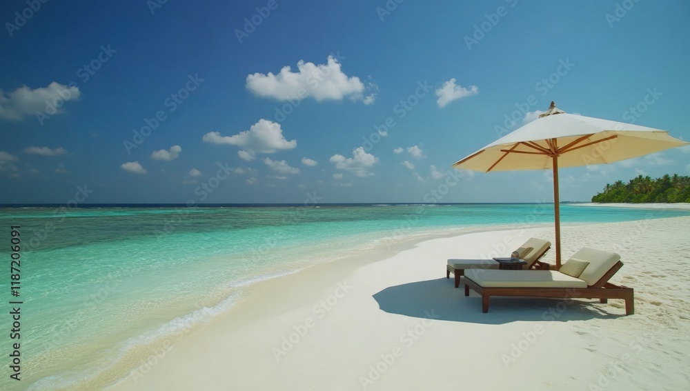 A tranquil beach invites visitors to unwind on a wooden lounge chair shaded by a straw umbrella. Soft waves kiss the soft sand, while palm trees sway gently in the warm breeze under a clear blue sky. A tranquil beach invites visitors to unwind on a wooden lounge chair shaded by a straw umbrella. Soft waves kiss the soft sand, while palm trees sway gently in the warm breeze under a clear blue sky.