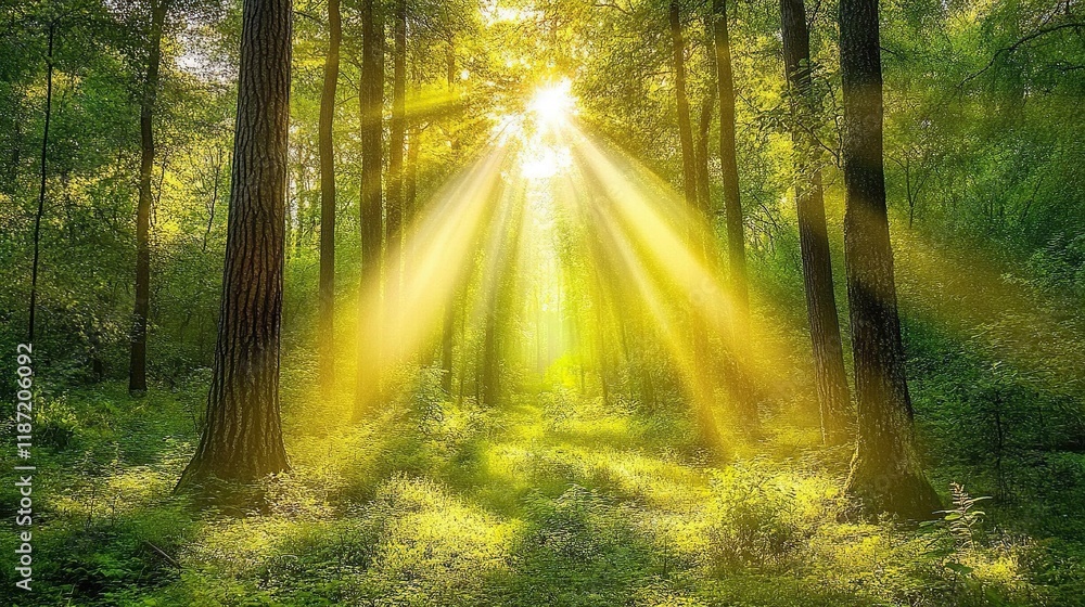 Obraz premium Sunbeams illuminating a forest path.