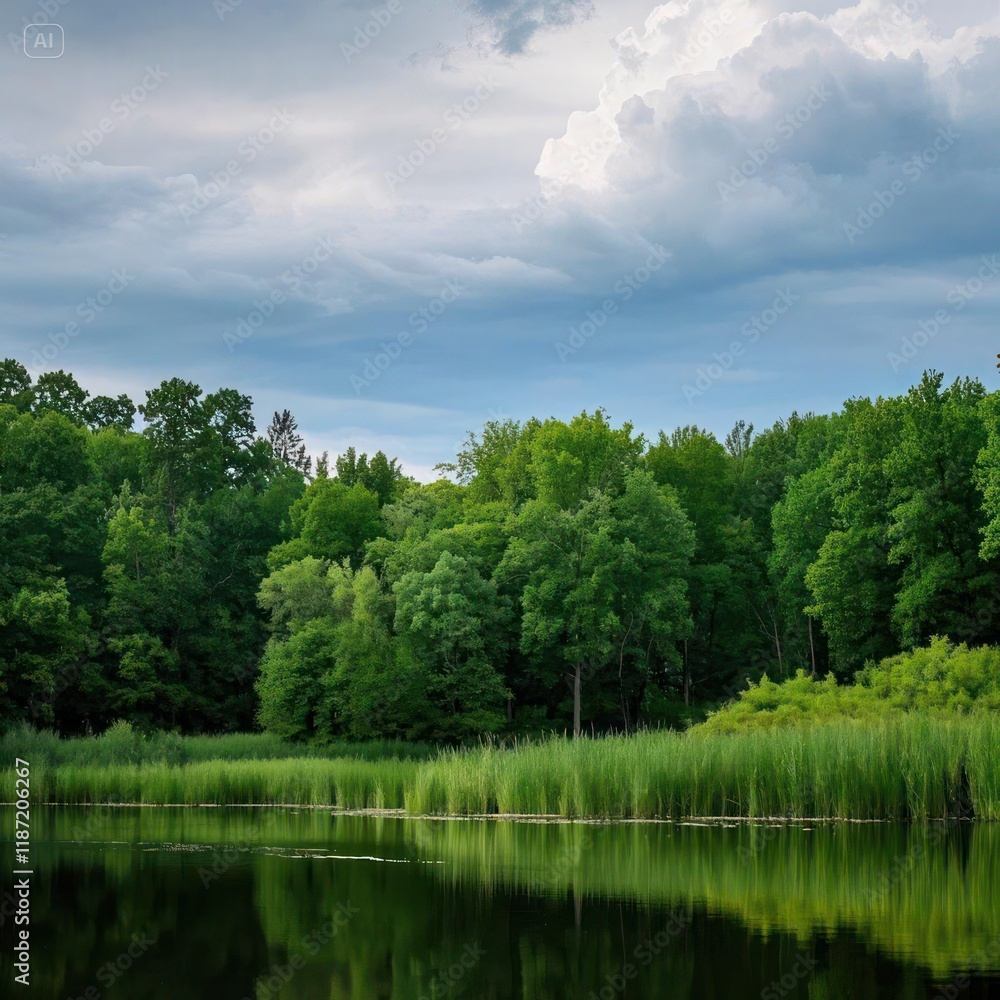 Fototapeta premium Green trees near lake under cloudy sky during daytime