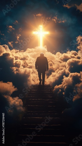 Old man walking up the stairs among clouds in the sky to the shining cross symbolizing heaven or Christian paradise. Life end and time passing concept photo