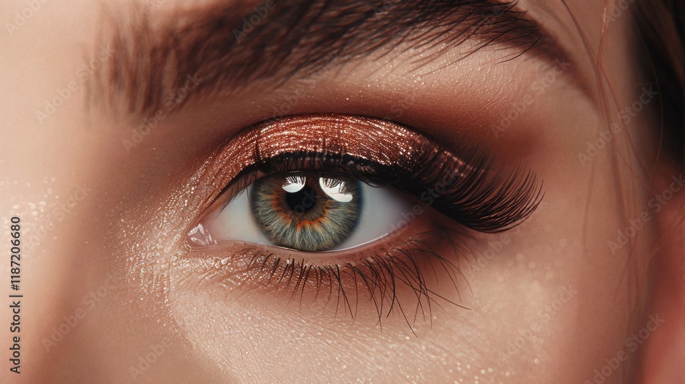 Fototapeta premium Close-up of a woman's eye with shimmering copper eyeshadow, bold lashes, and detailed iris, highlighting a radiant and glamorous makeup style