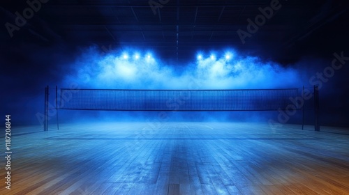 Indoor Volleyball Court Night Scene: Dramatic Lighting and Misty Atmosphere