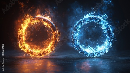 Fiery and icy rings, fire and ice circles, contrast concept.