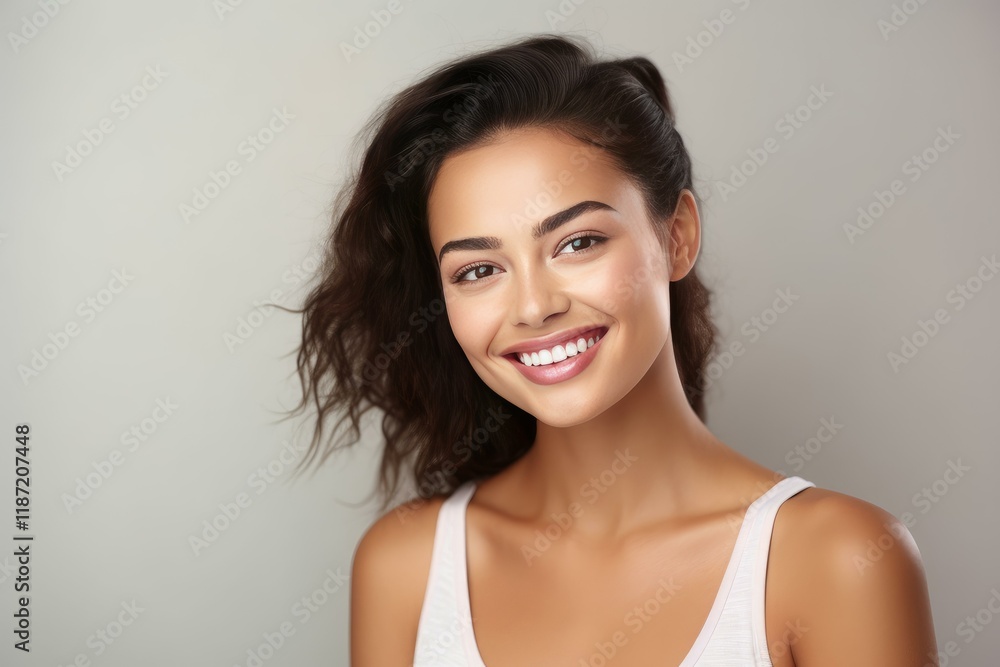 Beautiful smiling woman with long brown hair showing perfect white teeth Beautiful smiling woman with long brown hair showing perfect white teeth