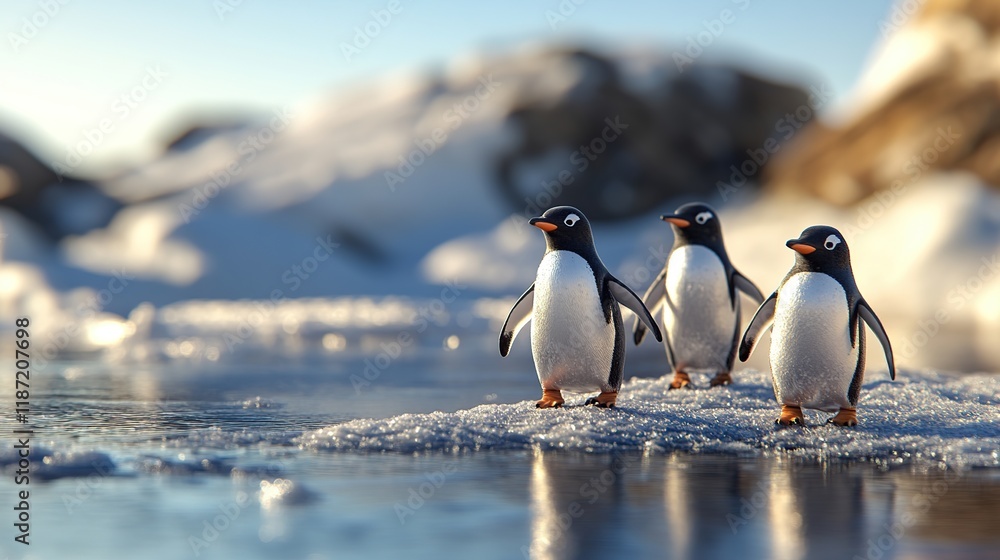 Fototapeta premium Three penguins walking on ice in Antarctica.