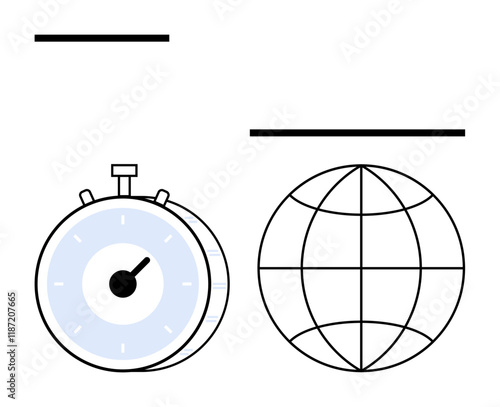 Stopwatch next to a grid globe showcasing speed, time, and global reach. Ideal for business, productivity, time efficiency, globalization, worldwide interaction, deadlines abstract line flat