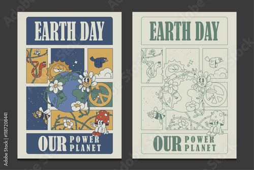 Earth Day poster in retro style with funny cartoon characters, vector illustration