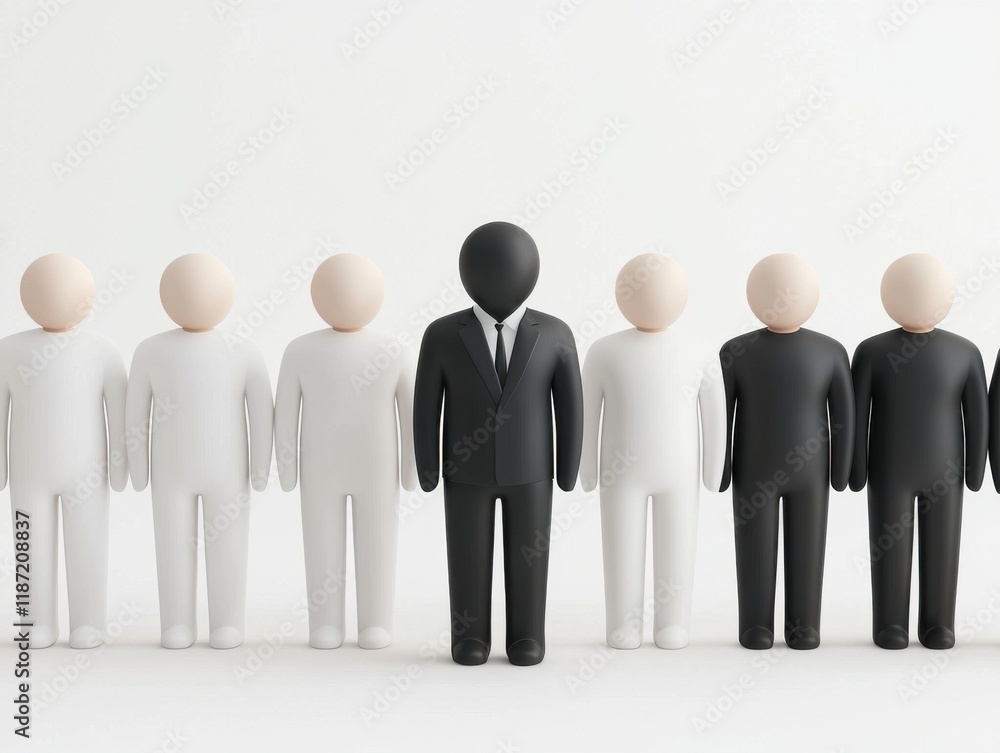 Abstract representation of diversity and individuality with figures in various colors and one figure in a suit, highlighting themes of leadership, inclusion, and unique identity in business settings. Abstract representation of diversity and individuality with figures in various colors and one figure in a suit, highlighting themes of leadership, inclusion, and unique identity in business settings.