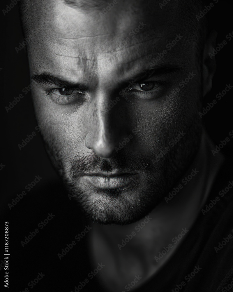 Close-up black and white portrait of a serious, intense man with stubble. Close-up black and white portrait of a serious, intense man with stubble.