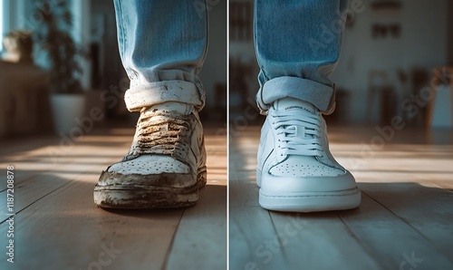 old dirty sneakers on one half and new white sneakers on the other
