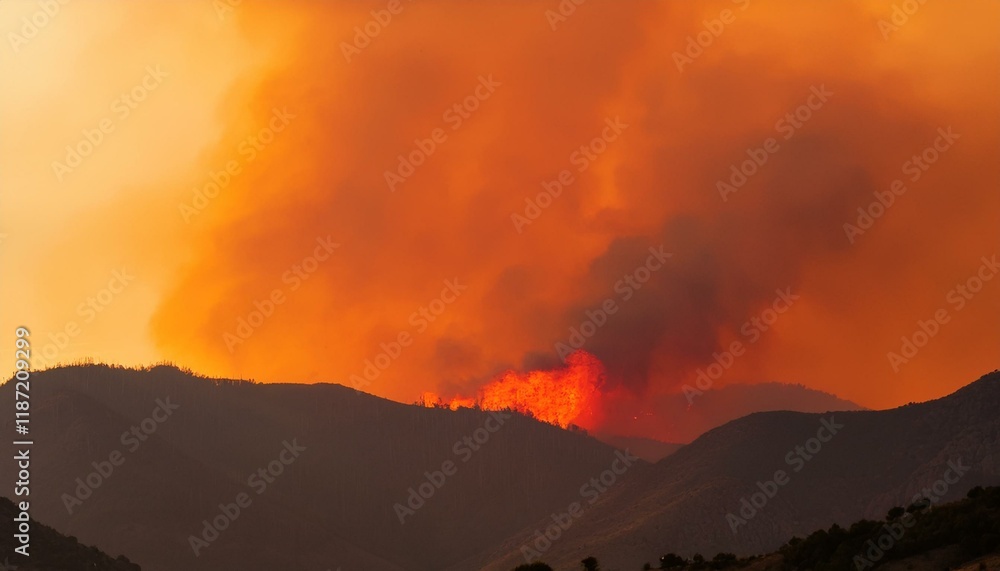 A wildfire spreads along a ridge, turning the sky red and sending thick black smoke into the air. A wildfire spreads along a ridge, turning the sky red and sending thick black smoke into the air.