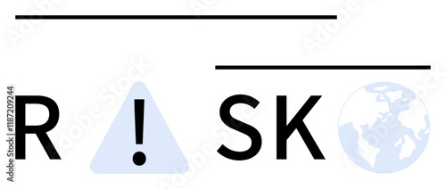Exclamation mark in triangle between R and S, globe replacing O in RISK, horizontal lines above and below. Ideal for presentations, business strategy, financial security, insurance, safety protocols