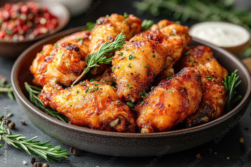 Large roasted chicken with potatoes and herbs on a wooden cutting board. The chicken is golden brown and has a crispy skin. The potatoes are cut into small pieces. The herbs are fresh Large roasted chicken with potatoes and herbs on a wooden cutting board. The chicken is golden brown and has a crispy skin. The potatoes are cut into small pieces. The herbs are fresh